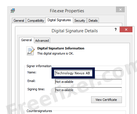 Screenshot of the Technology Nexus AB certificate